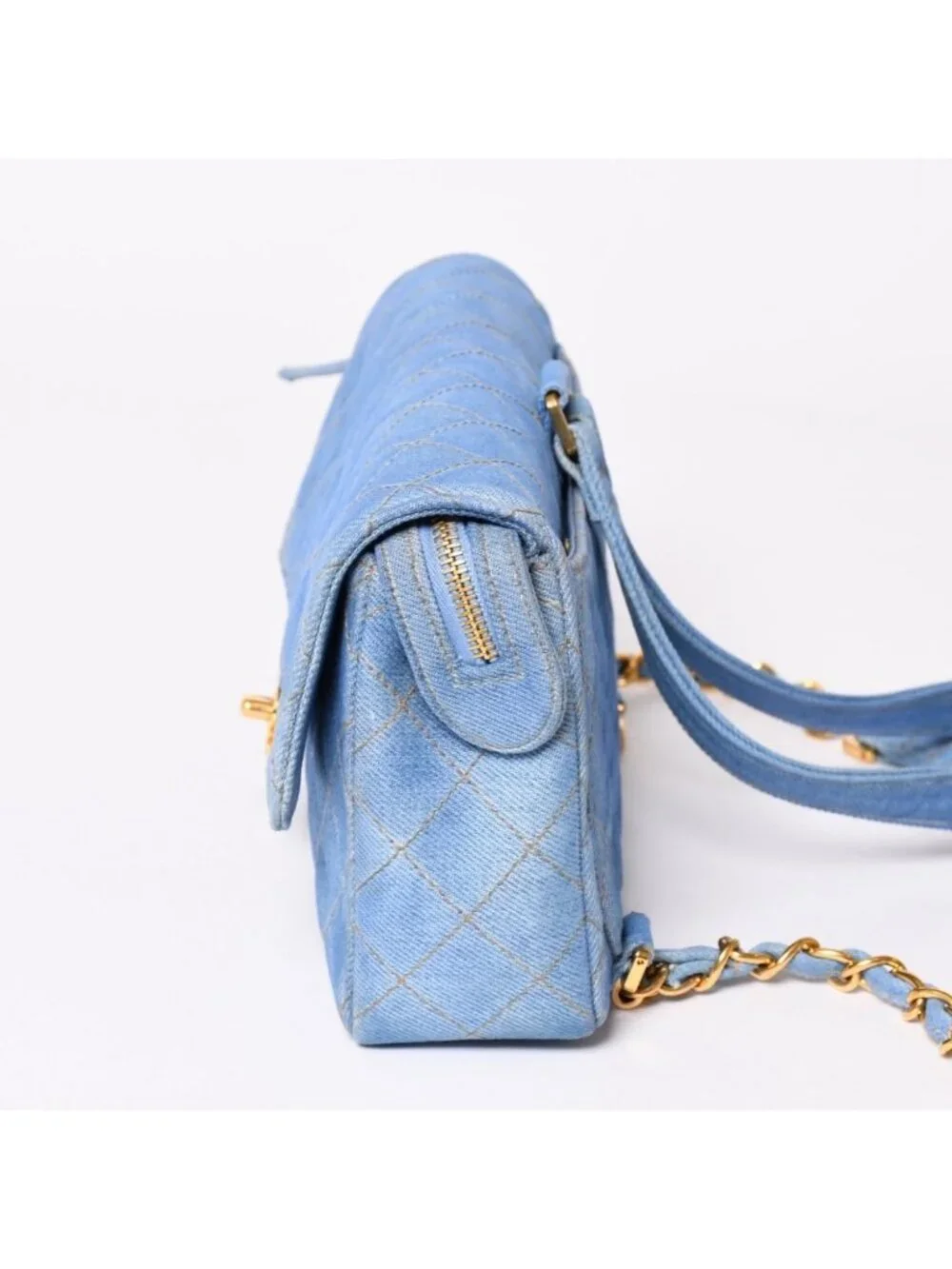 Chanel Quilted Denim Backpack Turnlock Indigo Blue Gold
